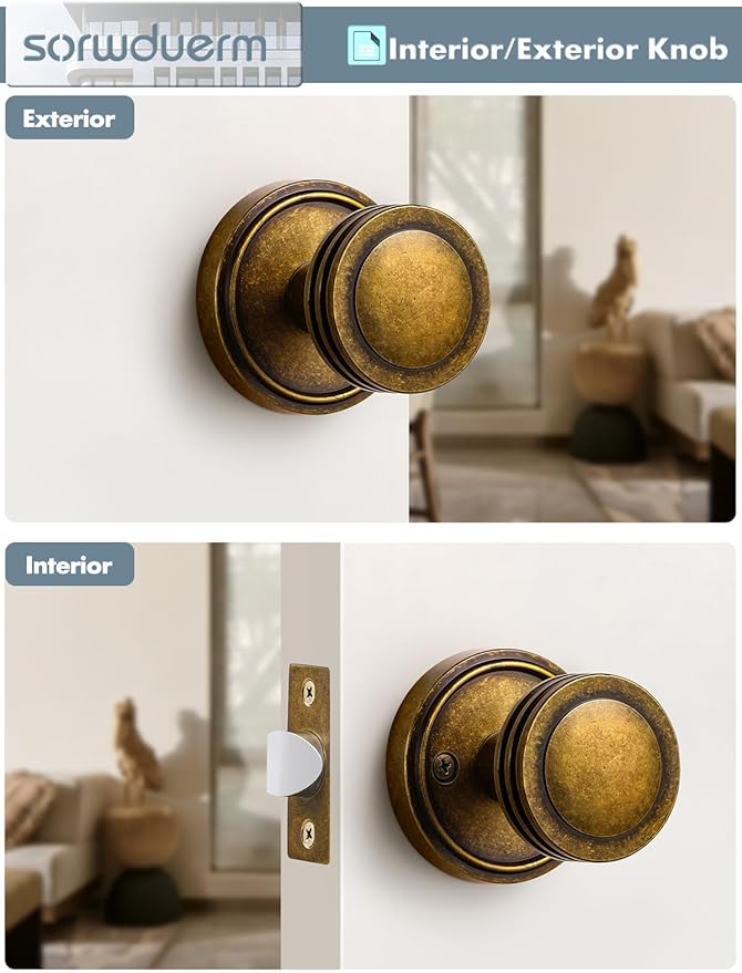 2 Pack Antique Brass Bronze Door Knobs Passage Door Knob Interior Door Handle for Hall and Closet Zinc Alloy