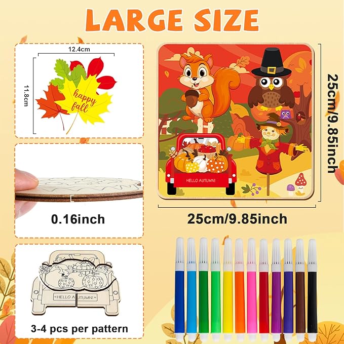 Fall Thanksgiving Wooden Puzzles for Toddlers Autumn Puzzles Coloring Craft Kits for Kids Boys Girls Montessori Toys Harvest Party Favors Treat Bag Gifts Educational Learning Jigsaw Puzzle, 3 Pack