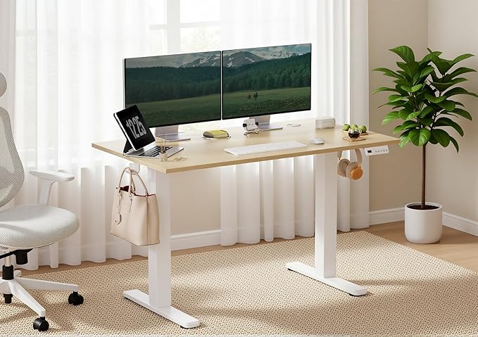 Seang Electric Height Adjustable Standing Desk, 55 x 24 Inch Sit-Stand Desk with T-Shaped Frame, 3 Memory Presets & Cable Management for Home Office Computer Workstation, White Frame/Nature Top