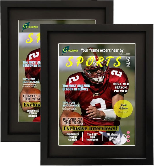Goldfinch 2 Packs Sports Magazine Frame Displays Magazines Measuring 8.5 x 11.25 or 8.25 x 11 inches with Double Black Core Matting, Deep Frame Moulding, with Installed Hangers