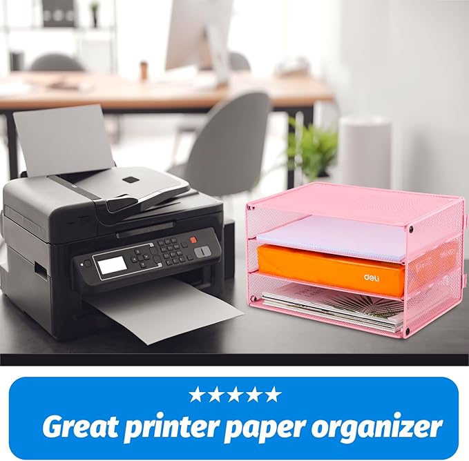 EASEPRES Paper Organizer Tray, 3 Tier Mesh Desk File Organizer Letter Sorter Holder for Home Office, Pink