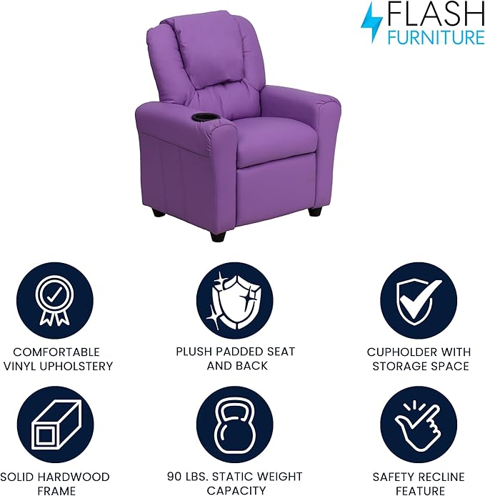 Flash Furniture Vana Vinyl Kids Recliner with Cup Holder, Headrest, and Safety Recline, Contemporary Reclining Chair for Kids, Supports up to 90 lbs., Lavender