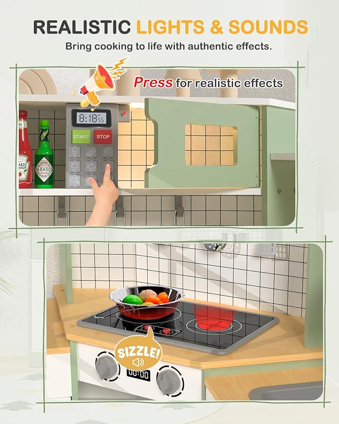 Babytronic Corner Wooden Play Kitchen Set for Kids w/Lights & Sounds, Pretend Play Kitchen Playset with Stove, Microwave, Ice Maker & Accessories, Perfect for Toddlers & Multiple Children (Green)