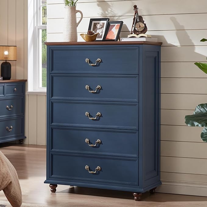 Farmhouse 5 Drawer Dresser for Bedroom, 45" Tall Rustic Chests of Drawers w/ 4 Solid Wood Feet, Mid Century Modern Wooden Closet Storage Dressers Organizer for Living Room, Hallway, Navy Blue