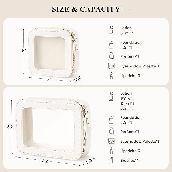 MSTONAL Clear Makeup Bag, Travel Toiletry Bag Cosmetic Case for Women, Waterproof Portable Make Up Skincare Pouch with Zipper, Compact Car Organizer Bag for Essentials, Medium Size, Ivory White