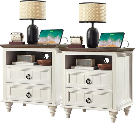 Farmhouse Nightstand with Charging Station, 22" Large End Table with 2 Drawers & Open Shelf, Rustic Wood Square Sofa Side Bedside Table for Living Room, Bedroom,2 Pack, Antique White