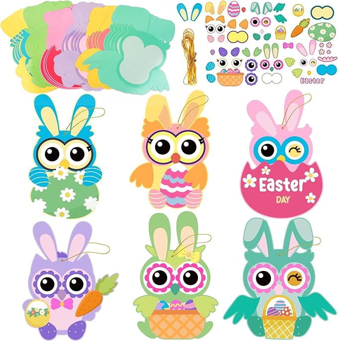 chiazllta 30 PCS Easter Paper Craft Kits DIY Owl Art Craft Make Your Own Easter Owl Bulk Set for Home Game Activities Party