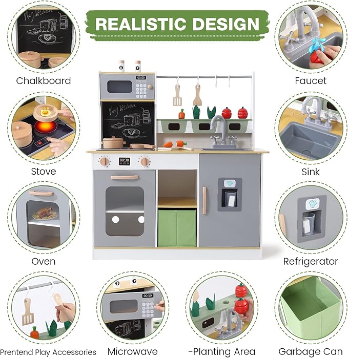 Bophy Wooden Farm & Kitchen Playset, Kids Play Kitchen with Cookware Accessories, Wooden Chef Pretend Play Set with Ice Maker, Chalkboard, Planter Area