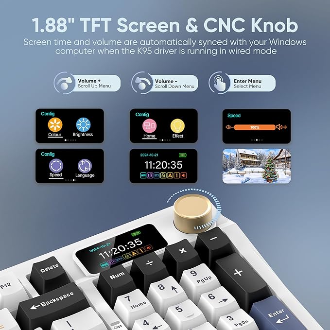 RedThunder K95 Wireless Mechanical Keyboard, TFT Screen & Knob, Tri-Mode BT5.0/2.4GHz/USB-C Hot Swappable Custom, Pre-lubed Linear Switches, Gasket Structure, RGB Gaming Keyboard, Snowy White-Blue