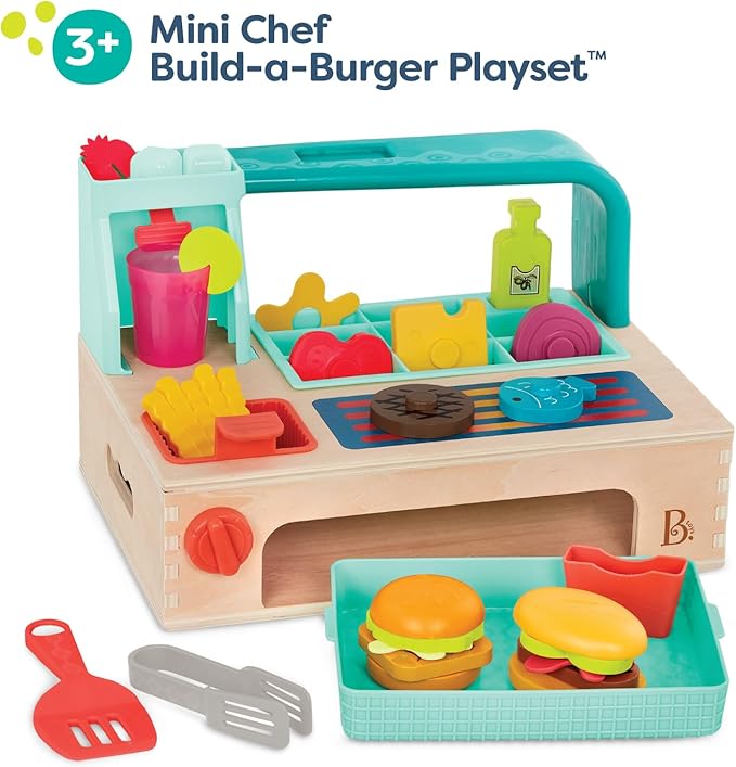 B. toys- Mini Chef - Build-a-Burger Playset- Pretend Play Wooden Burger Play Set – Play Food & Role-Play Accessories – Cooking Toys for Kids- 3 Years +