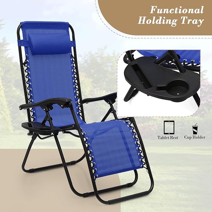 Athena Collection Zero Gravity Outdoor Lounge Chair Set of 2 with Side Table, 25" Width Pool Lounge Lawn Chairs Reclining with Cup Holder, Outdoor Chaise for Beach Patio Backyard Outside, Blue