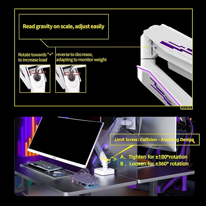 Heavy Duty Monitor Arm for Ultrawide Screen up to 49 inches,44 lbs,Gas Spring Desk Mount Stand, Premium Fully Adjustable Bracket with C Clamp, Grommet Base, VESA 75x75/100x100mm (White)