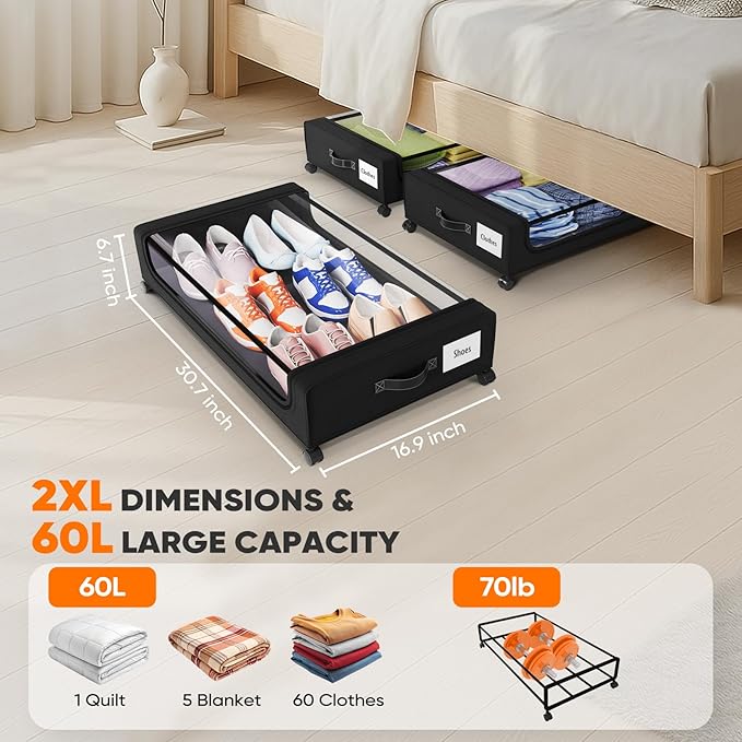 Camkey® Under Bed Storage with 360° Wheels, 2-Pack, 60L Low-Profile Rolling Underbed Bins for Clothes, Shoes, Toys & Books,Easy Pull-Out, Dust Protection, Space-Saving Organizer for Bedroom/Dorm,Black