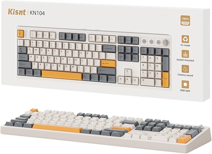 Wireless Mechanical Keyboard,104 Keys 100% Full Size with Number Pad,Gasket Mounted Creamy Sound,Hot Swappable,Knob& Media Keys,Bluetooth/2.4GHz/USB-C for Gaming/Typing/Win/Mac/PC (Retro Beige)
