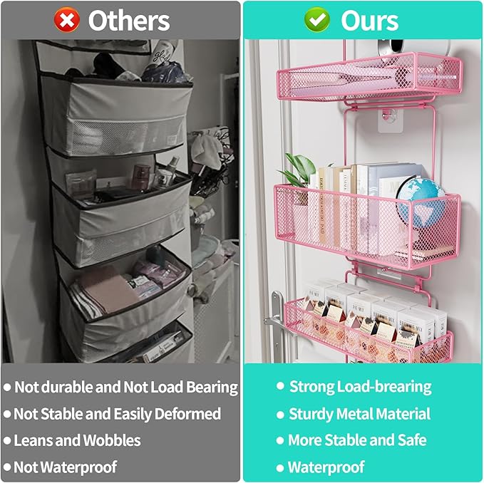 HapiRm Over Door Organizer Storage - Separable Door Organizer Hanging with 6 Metal Large Capacity Baskets for Bathroom Bedroom Kitchen Pantry Closet (Pink)