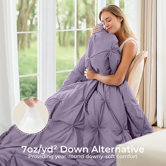Sasttie Full Size Comforter Set, 7-Piece Bed in a Bag, Pintuck Bedding Set for All Season, Includes Comforter, Flat Sheet, Fitted Sheet, Pillowcases and Pillowshams, New Purple