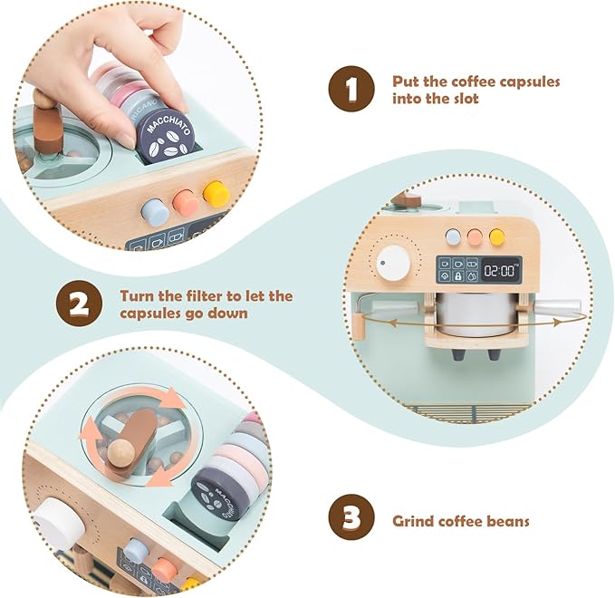 Kids Coffee Maker Playset, 23PCS Wooden Kitchen Toys, Play Kitchen Accessories for Toddler, Espresso Machine Playset Montessori Kitchen Toy, Gift for Boys and Girls 3 4 5 Years