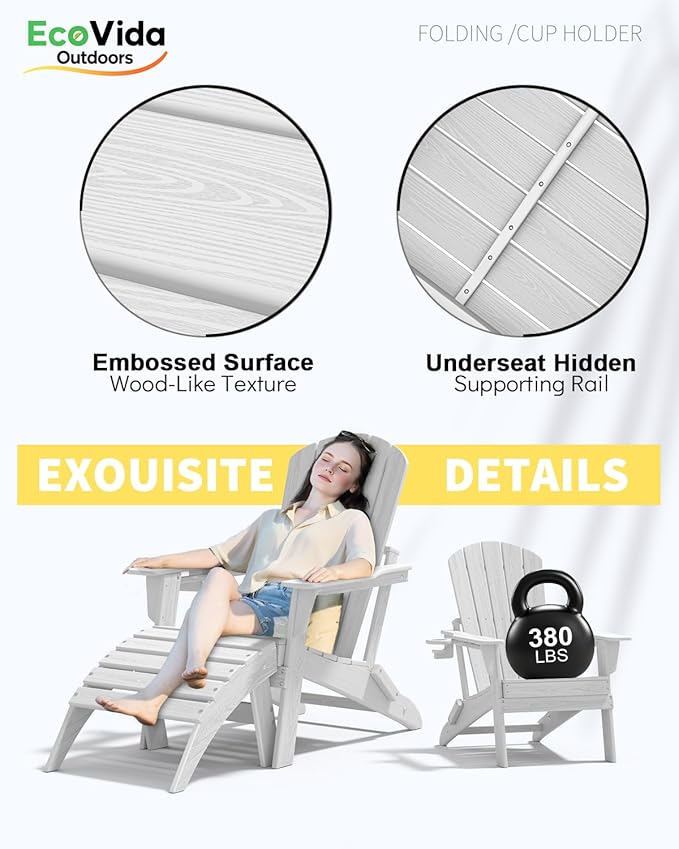 3-Piece Folding Adirondack Chair Set - 38" Extra Tall Back & Embossed Wood Grain, Oversized HDPE Patio Furniture with Side Table & Cup Holders, 380lb Heavy Duty, White