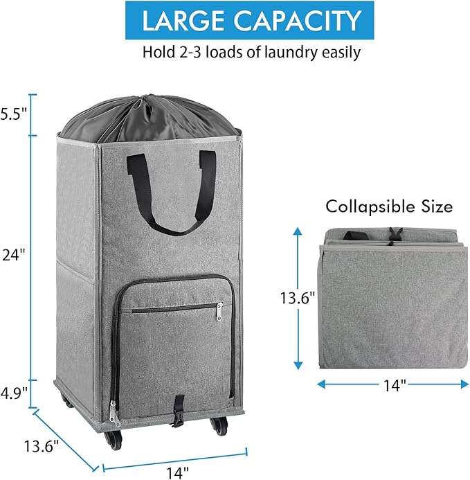 Laundry Hamper with Wheels, Bukere Large Rolling Laundry Basket with 4 Casters and 2 Handles, Collapsible Freestanding Wheeled Laundry Bag for Clothes, Laundry Room, Bathroom