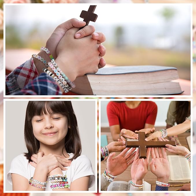 48 Pcs Bracelets Jesus You Bracelets Handmade Elastic Beaded Bracelets Colorful Layered Cross Bracelets Inspirational Religious Reminder Jewelry Gift for Her (Heart)