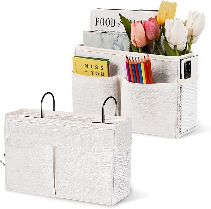Bedside Hanging Storage Basket Headboards Bunk Beds Dorm Rooms Organizer Caddy for Storage (2Pack White)