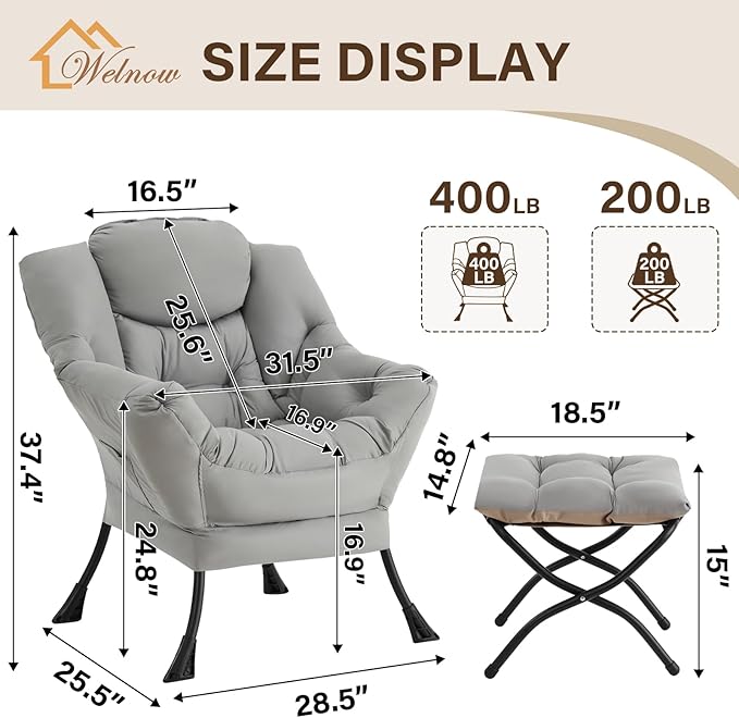 Welnow Lazy Chair with Ottoman, Modern Lounge Accent Chair with Armrests and a Side Pocket, Leisure Sofa Armchair Set, Reading Armchair with Footrest for Small Space, Light Grey
