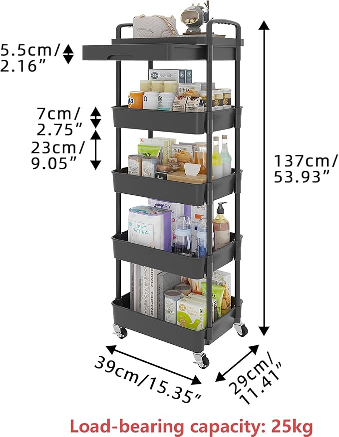 Calmootey 5-Tier Rolling Utility Cart with Drawer,Multifunctional Storage Organizer with Plastic Shelf & Metal Wheels,Storage Cart for Kitchen,Bathroom,Living Room,Office,Black
