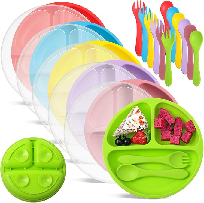 Meanplan 6 Pack Suction Plates for Toddlers with Lids Silicone Baby Plates set Food Grade Silicone Divided Design BPA Free Microwave and Dishwasher Safe Assorted Colors(Bright Colors)