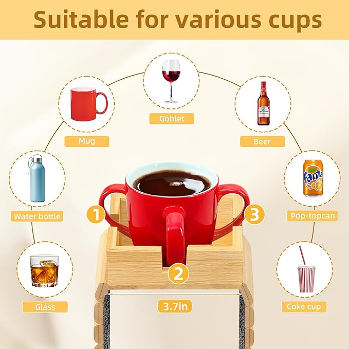 Bamboo Couch Cup Holder & Armrest Tray - Extend Your Comfort with a Secure Drink Slot and Snack Space for Recliner, Loveseat, or Sofa