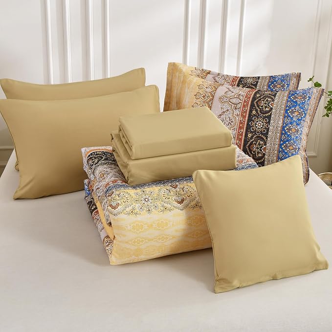 Cottolester Boho King Size Comforter Set 8 Pieces, Yellow Bohemian Striped Bed in a Bag, Paisley Soft Microfiber Bedding Comforter Set