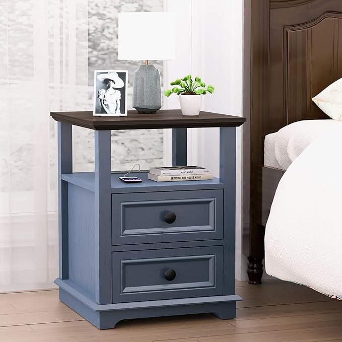 End Table with Fast USB C Charging Station, 18" Wide Tall Sofa Side Table with 2 Drawers, Large Storage Rustic Wood Square Storage Cabinet for Living Room,Bedroom,Office, Blue