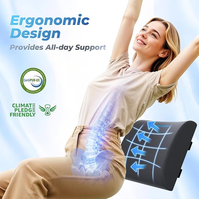Lumbar Support Pillow for Office Chair Back Support - Memory Foam Lumbar Pillow for Car or Gaming Chair, Ergonomic Back Cushion with Adjustable Strap for Long-Hour Sitting (Grey)