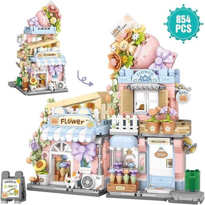 Bear Florist Building Set,Openable Flower Shop 854PCS Building Toy for Boys Girls Age 8+, Mini Brick (Not Compatible with Lego)