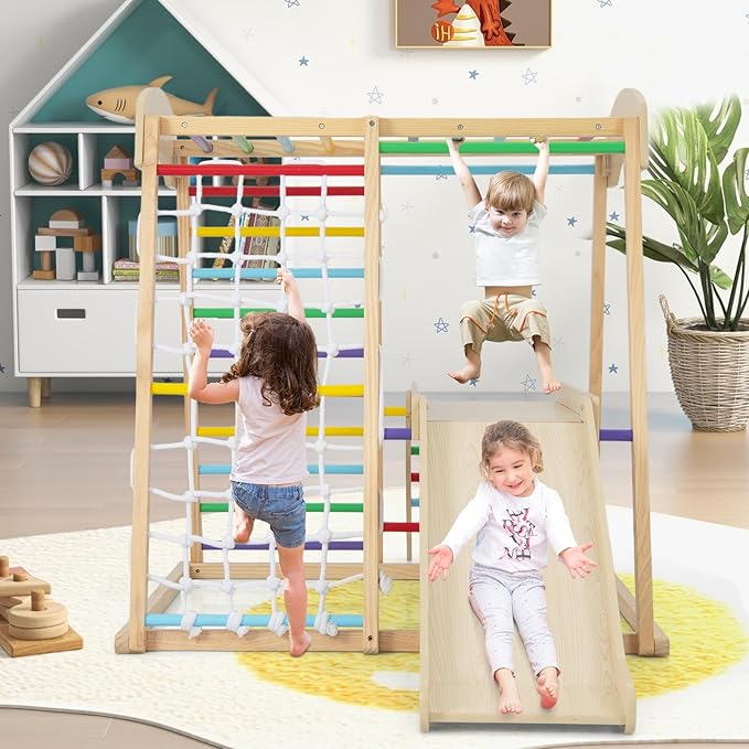 Costzon Indoor Jungle Gym, 6-in-1 Montessori Climbing Toys for Toddlers with Slide, Climbing Net, Monkey Bars, Wooden Playground Climber Playset for Kids Gifts Presents