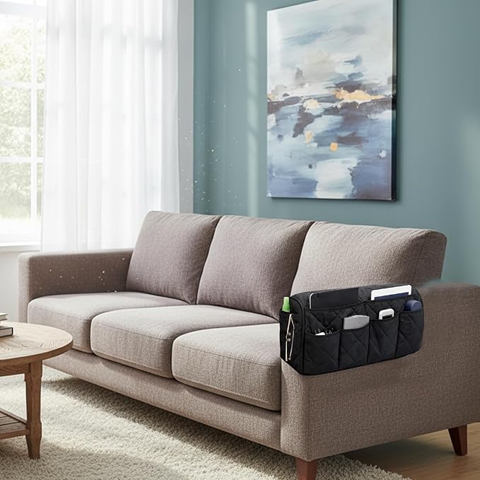 Armchair Caddy, Sofa Armrest Organizer, Black Non-Woven Fabric Storage Bag, Convenient Armchair Organizer for Living Room, Bedroom, Office