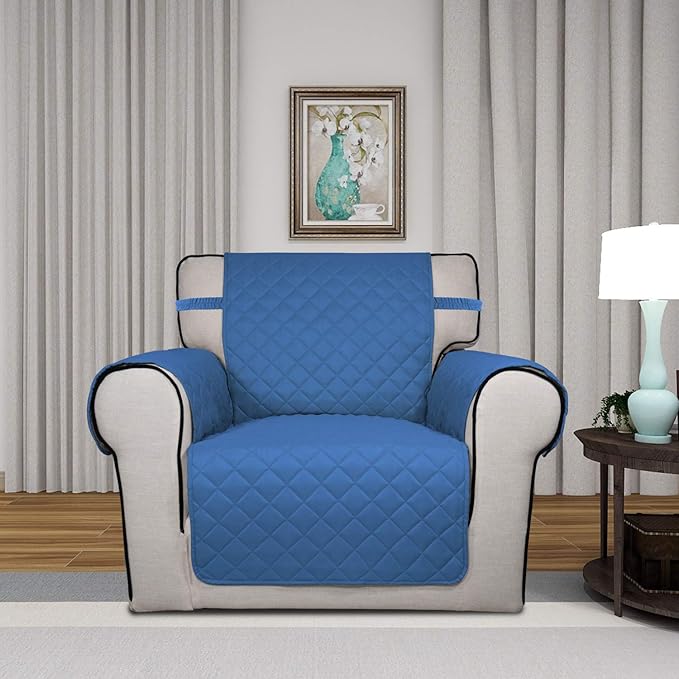 PureFit Reversible Quilted Sofa Cover, Water Resistant Slipcover Furniture Protector, Washable Couch Cover with Non Slip and Elastic Straps for Kids, Dogs, Pets (Chair, Blue/Ivory)