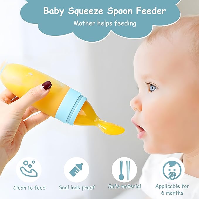 WAJIAYON Baby Food Feeder 4 Pack Silicone Baby Food Dispensing Spoon-3 oz Squeeze Feeding Spoons with Suction Cup for Boys Girl Kids Toddlers - Self Feeding Bottle Spoon-Light Blue
