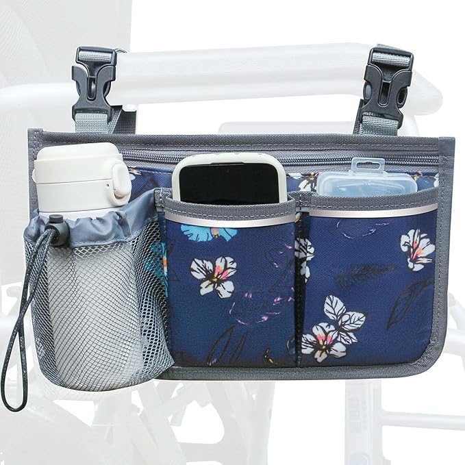 Wheelchair Bag, Walker Bag, Wheelchair Side Bag, Armrest Organizer Pouch with Cup Holder Attachment and Reflective Strip, Accessories for Most Wheelchairs, Walker, Rollators, Navy Floral