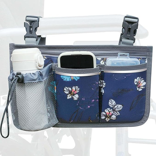 Wheelchair Bag, Walker Bag, Wheelchair Side Bag, Armrest Organizer Pouch with Cup Holder Attachment and Reflective Strip, Accessories for Most Wheelchairs, Walker, Rollators, Navy Floral