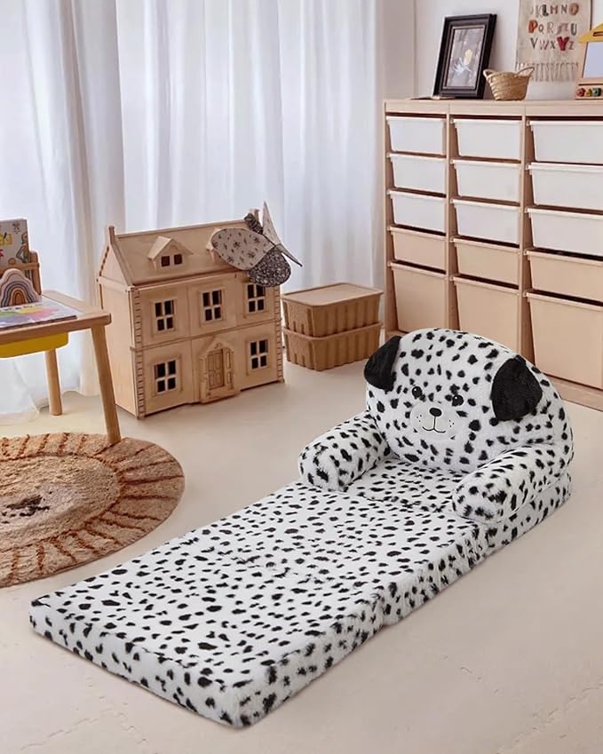 MOONBEEKI Comfy Toddler Chair, Kids Couch Fold Out to Lounger, Foldable Baby Sofa Plush for Girl and Boy Age 18 Months and Up （Dalmatian）