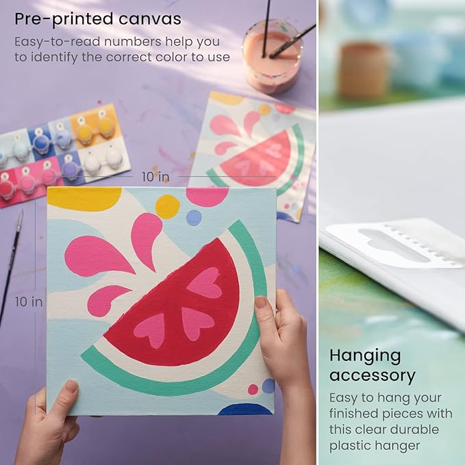 Arteza Kids Paint by Numbers Kit, 10 x 10 Inches, Decorative Pre-Printed Canvas Painting Kit with 2 Canvases, 24 Acrylic Paint Pots, 3 Paintbrushes