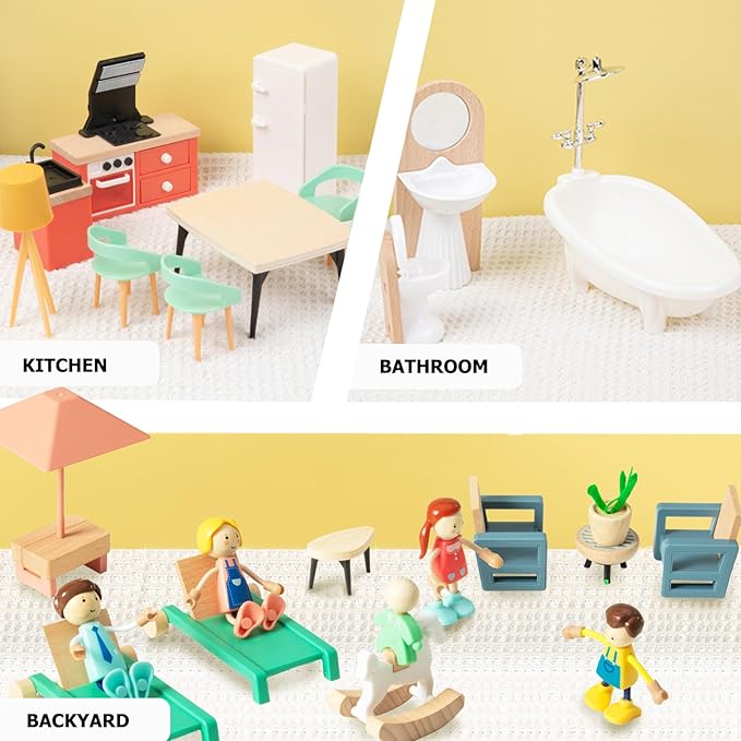 43PCS Wooden Dollhouse Furniture Set for Kids Toddlers 3Y+,Wood and Plastic Blue Dollhouse Accessories, Pretend Play Furniture Toys Christmas Birthday Gift for Boys Girls