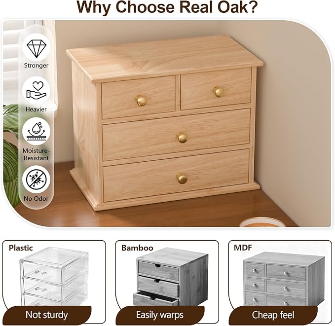 Oak Desk Organizer with Drawers, Durable Wooden Desktop Storage Box with Metal Handles & Non-Slip Silicone Pads, 4 Drawer Tabletop Organizer for Office, Bedroom, Bathroom, Vanity, Makeup – Natural Oak