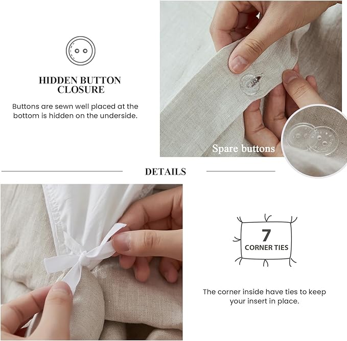 Simple&Opulence 100% Linen Duvet Cover Set, 3 PCS Natural French Flax Ruffle Duvet Cover Queen Size, Breathable Comfy Linen Bedding Comforter Cover with 2 Pillowcases (Natural Linen, 88" X 92")