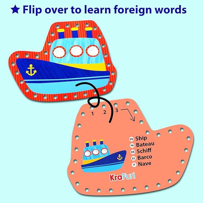 KRAFUN Preschool Beginner First Lacing Card Kit for Kids Training Arts & Crafts, 5 Easy Transport and Cars Lacing Projects, Lacing Cards for Toddlers, Fine Motor Skills Toys