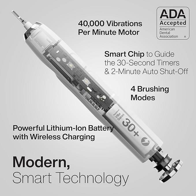 Aquasonic Vibe Series Ultra-Whitening Toothbrush – ADA Accepted Electric Toothbrush - 8 Brush Heads & Travel Case – 40,000 VPM Motor & Wireless Charging - 4 Modes w Smart Timer – Optic White