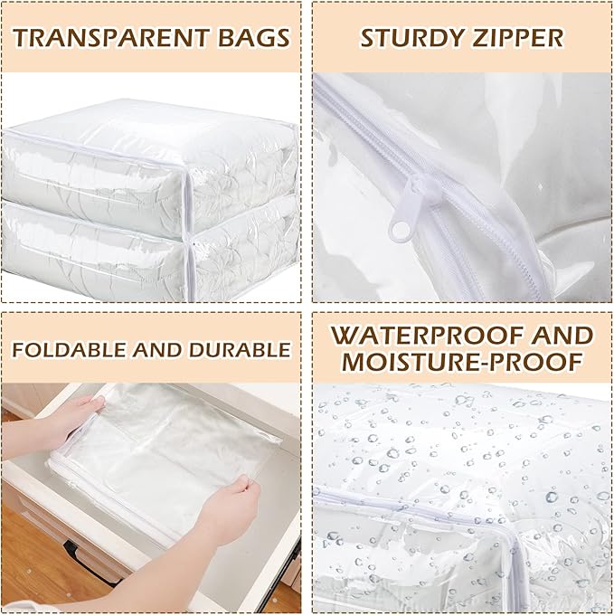 6 Packs Clear Zippered Storage Bags Sweater Moth Bags Plastic Storage for Blankets Clothes Bed Sheet Organizer with Zipper for Closet Linen Sweater Bed Sheet Clothes Pillow(24 x 20 x 10 Inch)