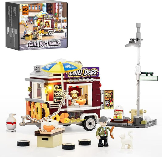 FUNWHOLE Chili Dog Trailer Lighting Building-Bricks Set - City Food Truck Toy Playkit 515 Pcs for Adults and Kids
