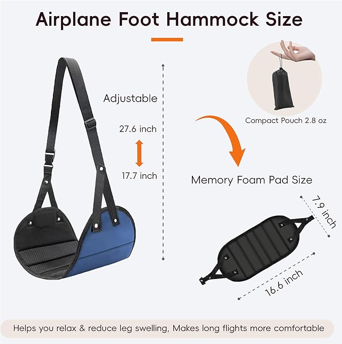 Foot Hammock for Plane Travel, Airplane Foot Hammock, Adjustable Foot Rest Sling, Airplane Gadgets Travel Essentials for Long Time Flight (Navy)