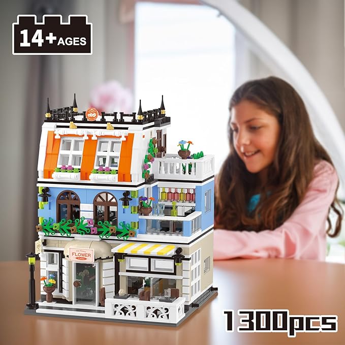 City Garden Hotel Building Blocks Toys Sets, City Street House Construction Toys with LED, 1300 Pieces Mini Bricks (Not Compatible with Lego)